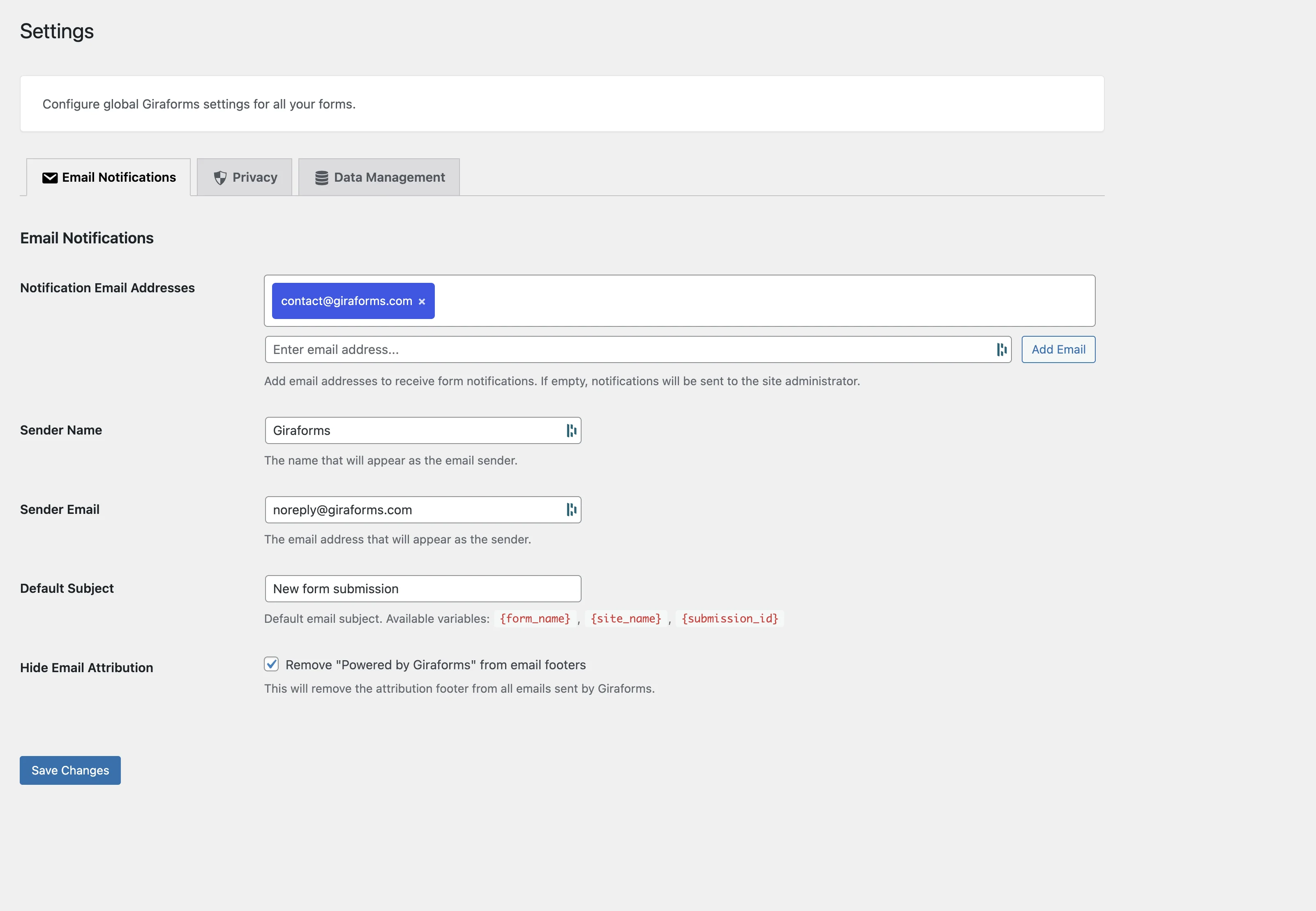 Email notification settings under Forms → Settings
