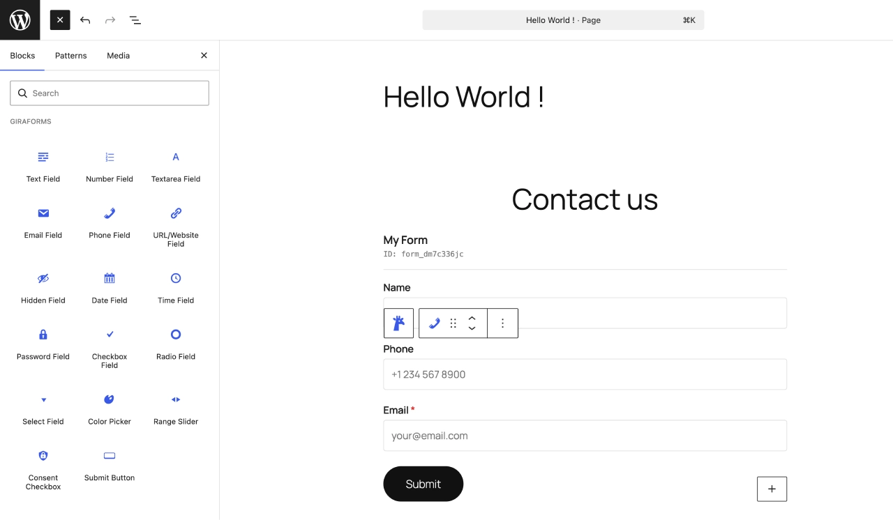 Giraforms block inserter showing all available field types