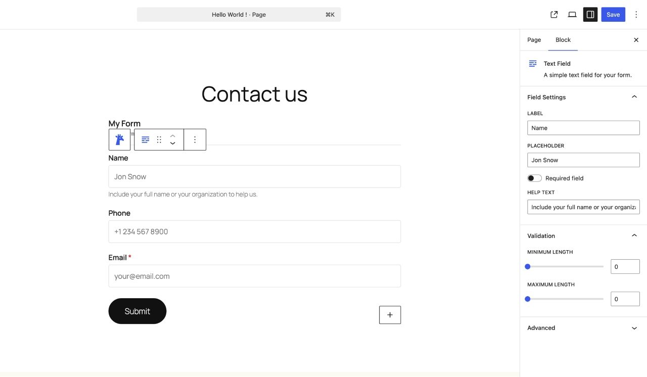 Common field settings in the block inspector sidebar