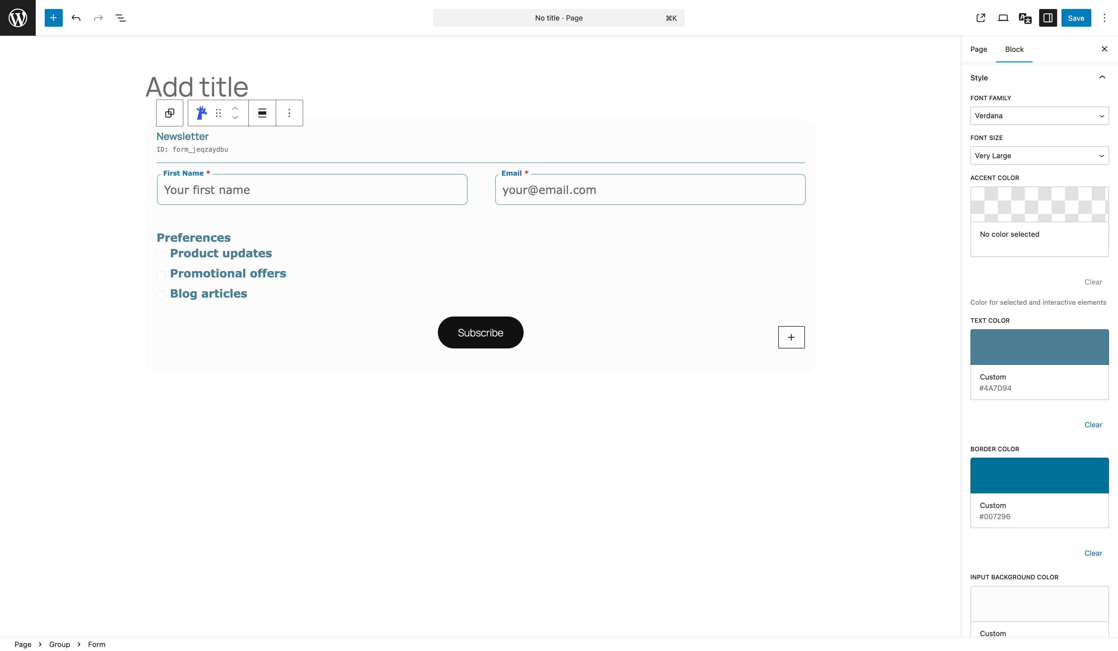 The Style tab in the Form Container block inspector