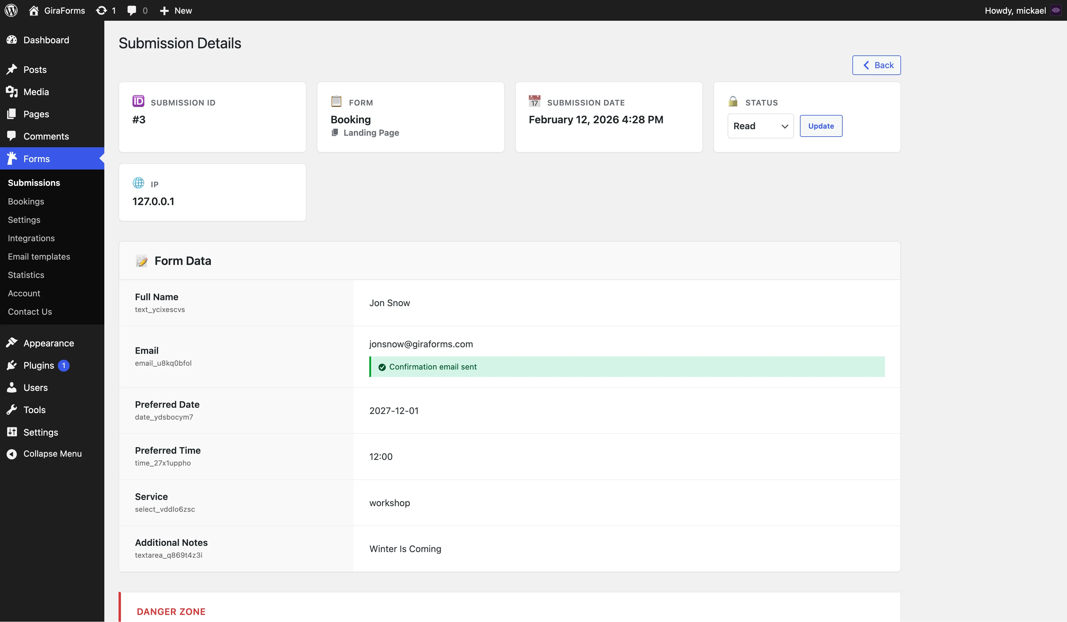 Submission detail view showing all field values and metadata
